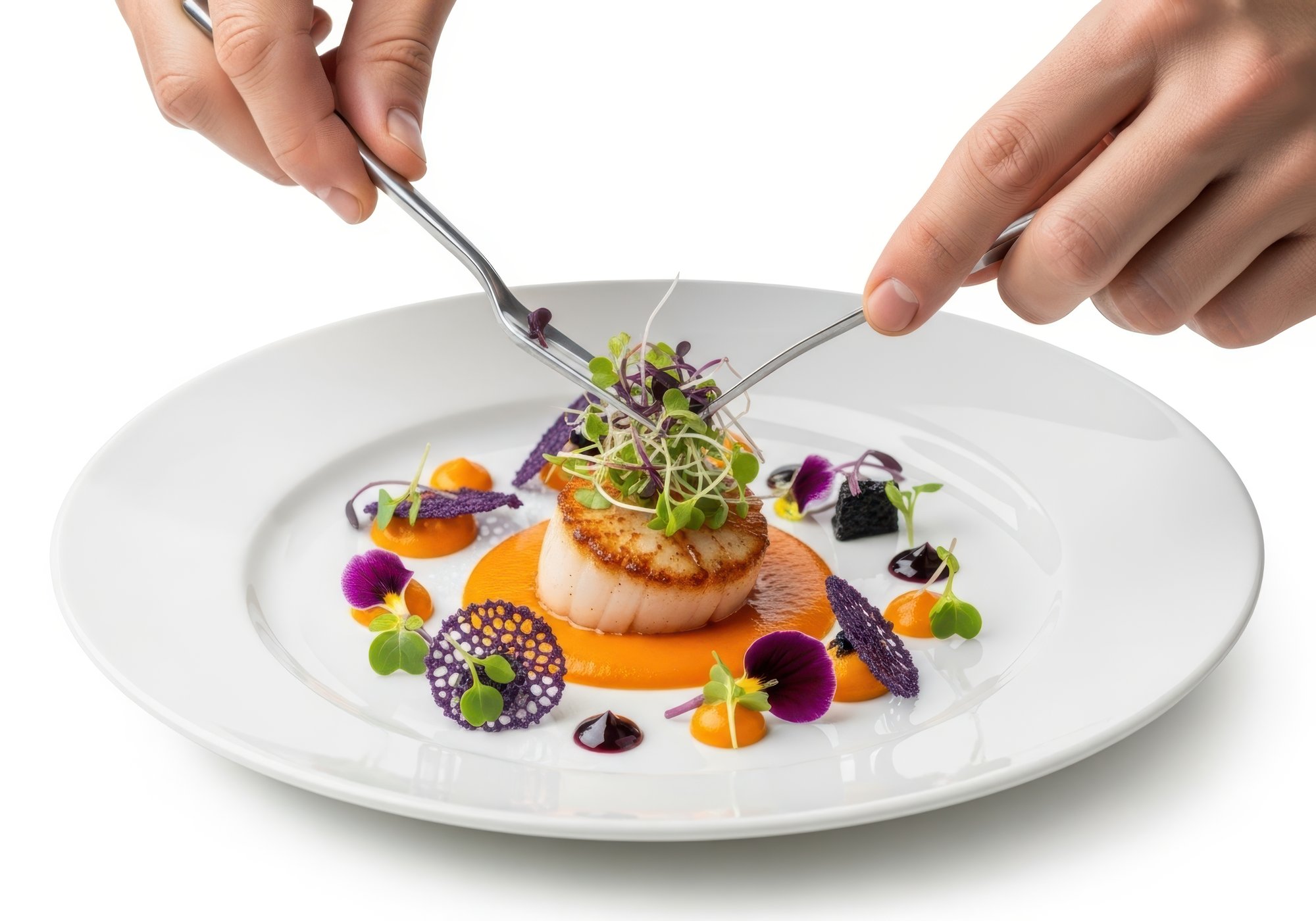 Chef elegante che prepara un piatto raffinato